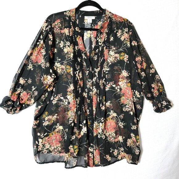 Style & Co Womens Tunic Top Sz 2X Button Up Pin Tuck Bodice Black & Peach Floral - Picture 1 of 12